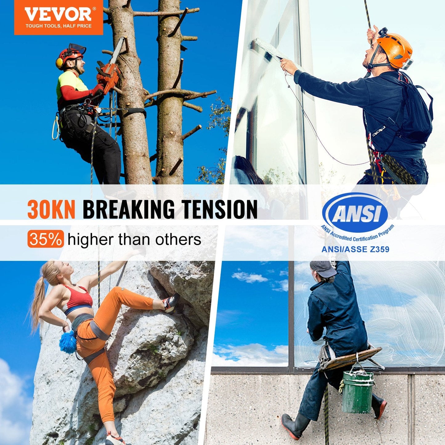 150ft (45.7m) Outdoor Climbing Rope with Steel Hooks and Energy Absorber