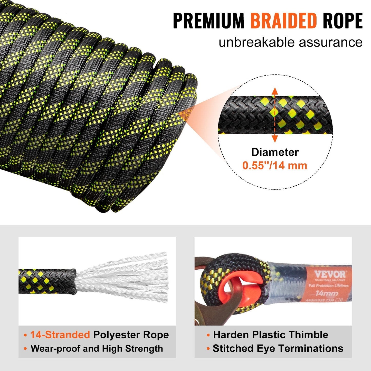 150ft (45.7m) Outdoor Climbing Rope with Steel Hooks and Energy Absorber