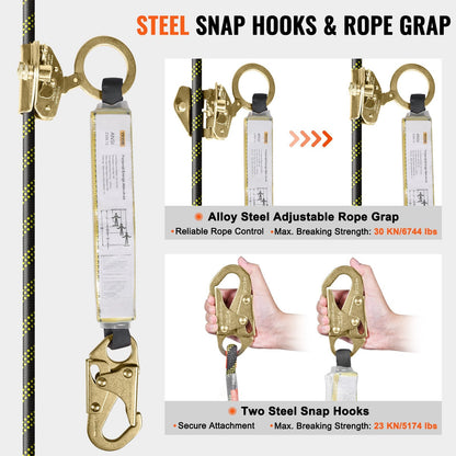 150ft (45.7m) Outdoor Climbing Rope with Steel Hooks and Energy Absorber
