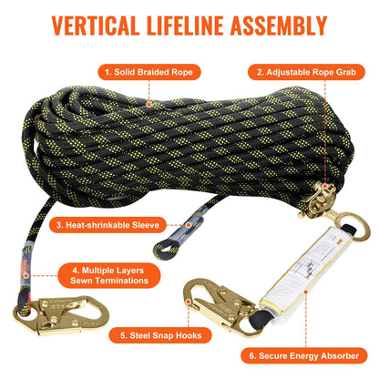 150ft (45.7m) Outdoor Climbing Rope with Steel Hooks and Energy Absorber