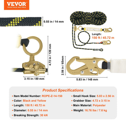 150ft (45.7m) Outdoor Climbing Rope with Steel Hooks and Energy Absorber