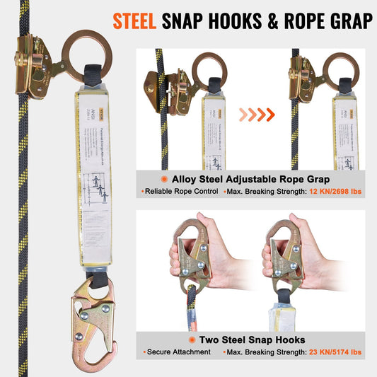 Vertical Lifeline Assembly 0.55" x 7.6 m, 30 KN Fall Protection Rope