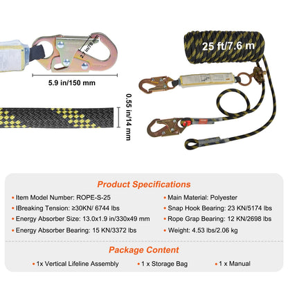 Vertical Lifeline Assembly 0.55" x 7.6 m, 30 KN Fall Protection Rope