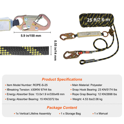 VEVOR Vertical Lifeline Assembly 0.55'' x 25' Fall Protection Rope 30 KN ANSI
