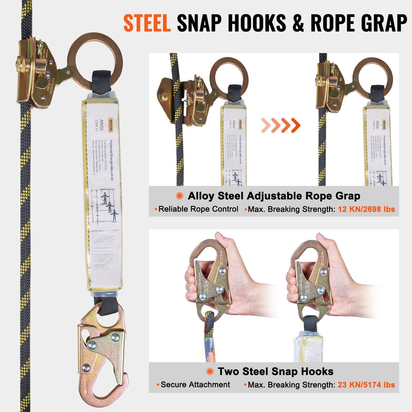 Vertical Lifeline Assembly 0.55" x 15.2m Fall Protection Rope 30 KN ANSI Certified