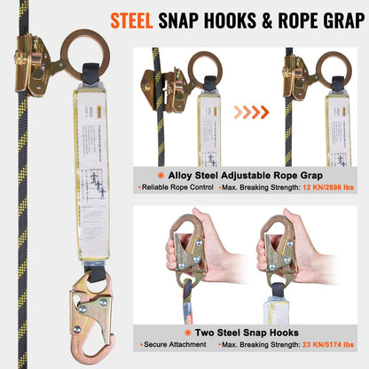 Vertical Lifeline Assembly 0.55" x 15.2m Fall Protection Rope 30 KN ANSI Certified
