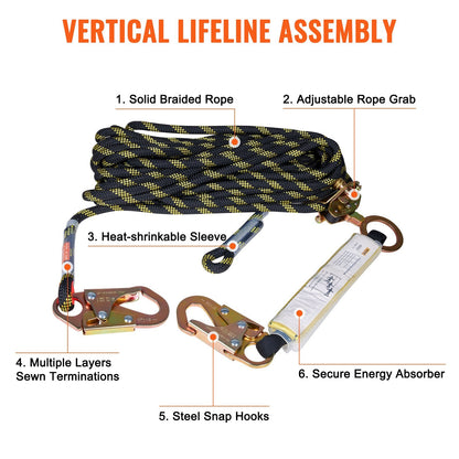 Vertical Lifeline Assembly 0.55" x 15.2m Fall Protection Rope 30 KN ANSI Certified