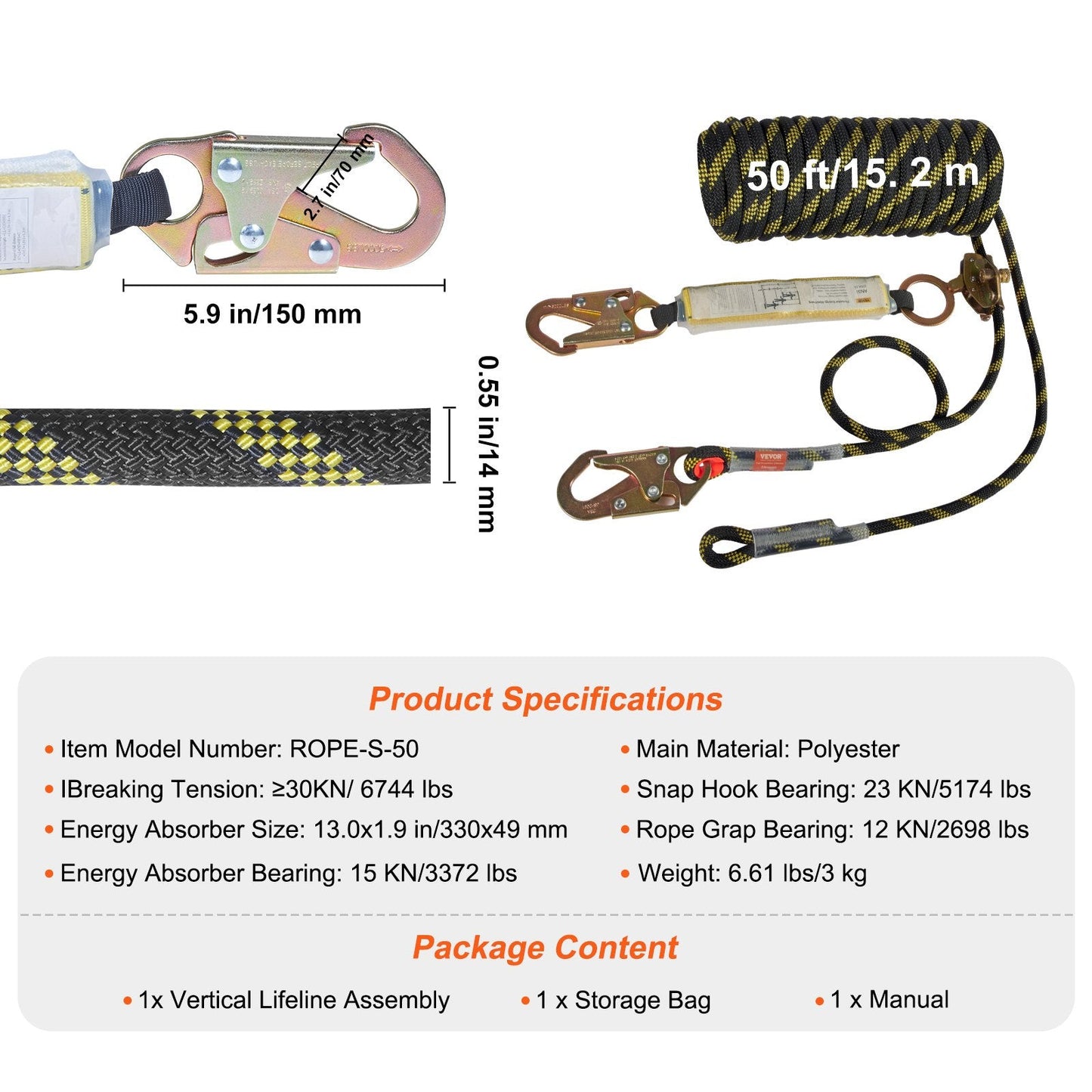 Vertical Lifeline Assembly 0.55" x 15.2m Fall Protection Rope 30 KN ANSI Certified
