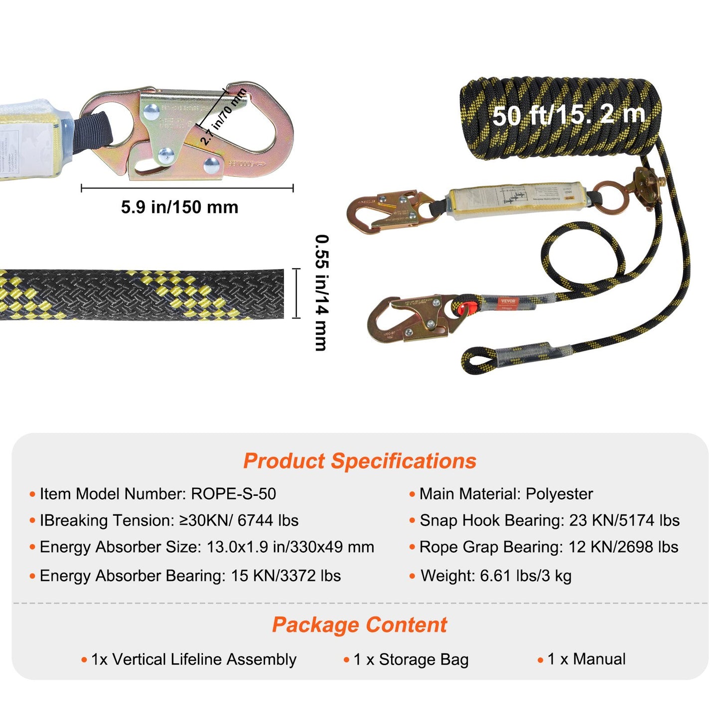 VEVOR Vertical Lifeline Assembly 0.55'' x 50' Fall Protection Rope 30 KN ANSI