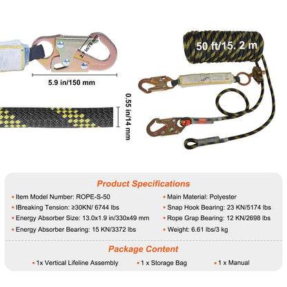 VEVOR Vertical Lifeline Assembly 0.55'' x 50' Fall Protection Rope 30 KN ANSI