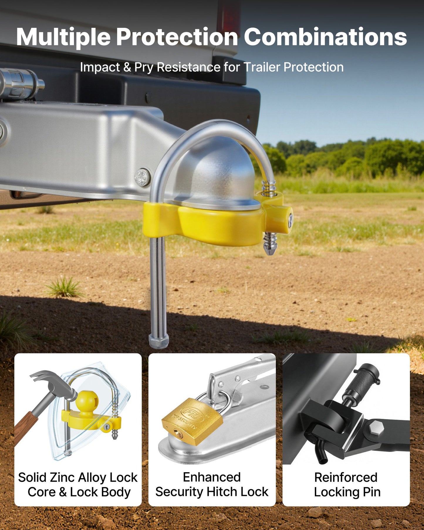 Trailer Hitch Lock Kit, Fits for 46 mm, 50.8 mm, 58.7 mm Couplers, Heavy-Duty Anti-Theft Trailer Ball Lock with Keys, Prying-Resistant, Adjustable Height Design for RVs, Boats, Trailers