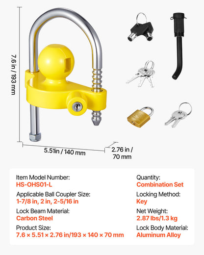 Trailer Hitch Lock Kit, Fits for 46 mm, 50.8 mm, 58.7 mm Couplers, Heavy-Duty Anti-Theft Trailer Ball Lock with Keys, Prying-Resistant, Adjustable Height Design for RVs, Boats, Trailers