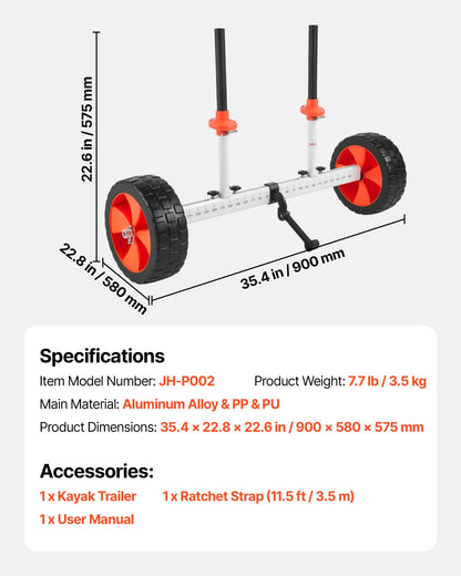 Kayak Cart, 104 kg Load Capacity, Canoe Cart Dolly with 25.4 cm Solid PU Tires & Kickstand, Assembles & Disassembles Within Seconds, Paddle Board Trolley for Kayaks, Canoes, Paddleboards