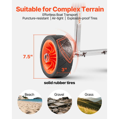 Kayak Cart, 113.4 kg Load Capacity, Canoe Cart Dolly with 19.1 cm Solid Rubber Tires & Kickstand, Assembles & Disassembles Within Seconds, Paddle Board Trolley for Kayaks, Canoes, Paddleboards