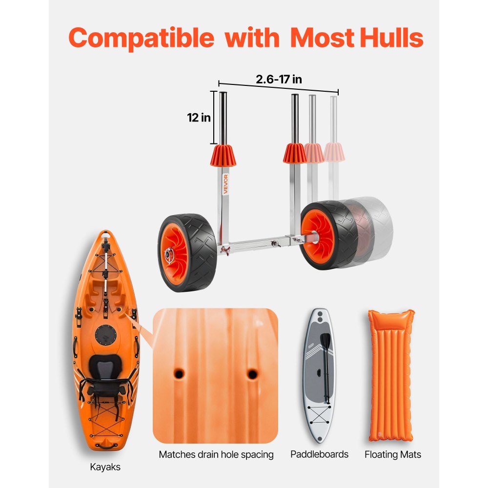 Kayak Cart, 113.4 kg Load Capacity, Canoe Cart Dolly with 19.1 cm Solid Rubber Tires & Kickstand, Assembles & Disassembles Within Seconds, Paddle Board Trolley for Kayaks, Canoes, Paddleboards