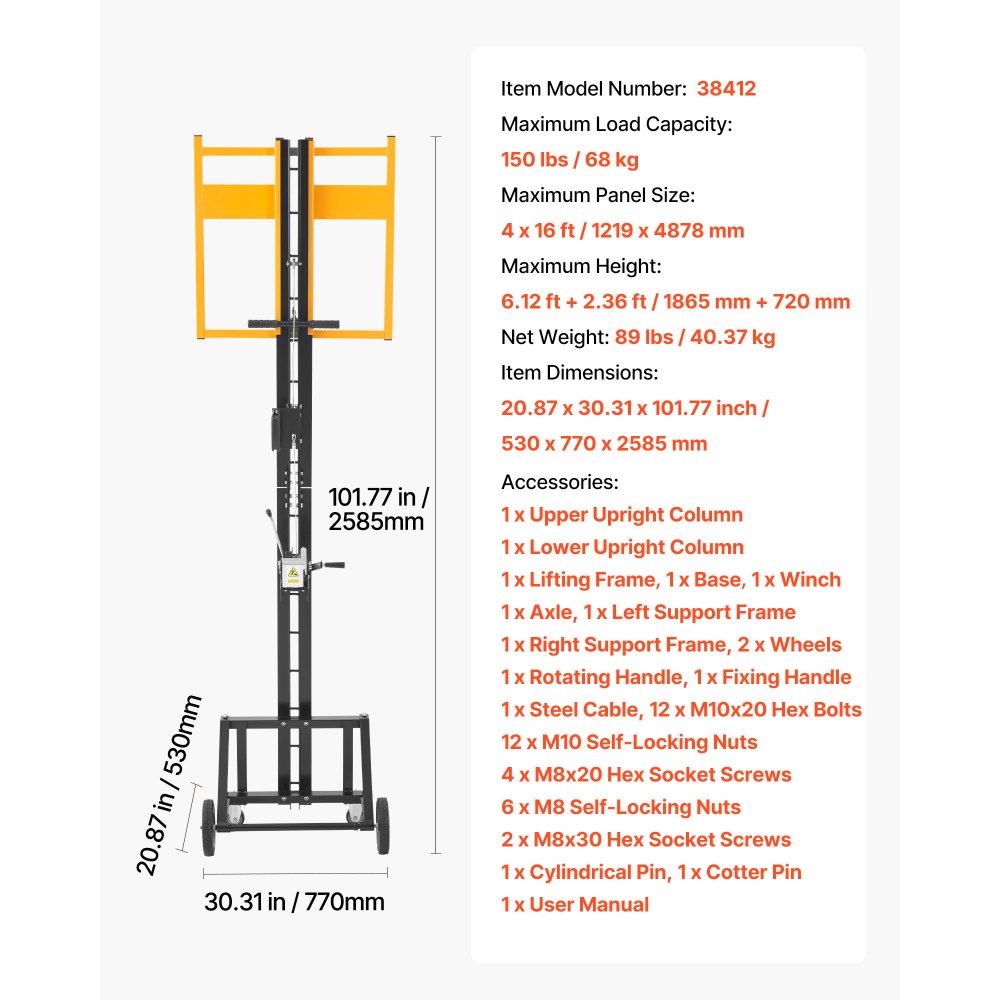 Drywall Lift 68 kg Sheetrock Hoist for Wall Easy Transport Yellow