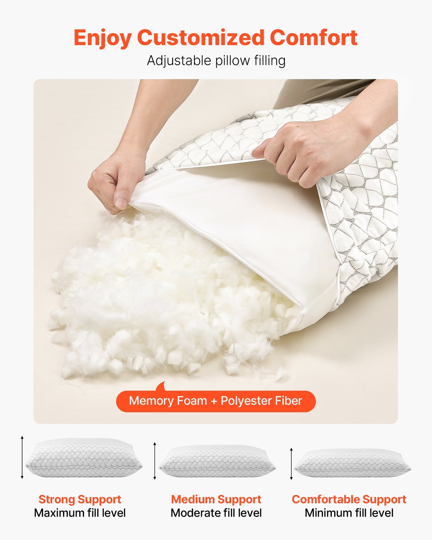 Bed Pillow for Sleeping, Queen Size Luxury Quality Hotel Pillow with Memory Foam Fill, Supportive & Adjustable, Includes Natural Firber Pillowcase, Bedding for Back, Stomach and Side Sleepers