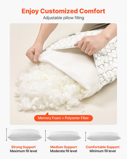 Bed Pillow for Sleeping, Queen Size Luxury Quality Hotel Pillow with Memory Foam Fill, Supportive & Adjustable, Includes Natural Firber Pillowcase, Bedding for Back, Stomach and Side Sleepers