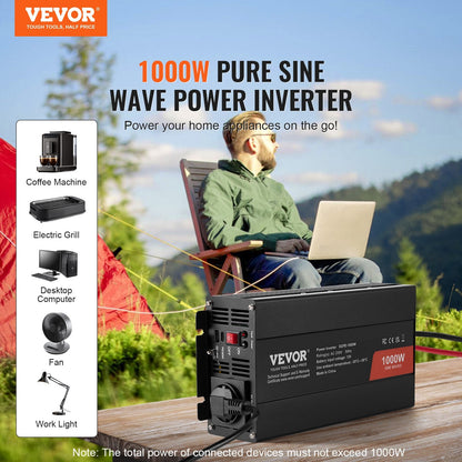 1000W Pure Sine Wave Inverter, 12V DC to 230V AC with Remote & USB Ports