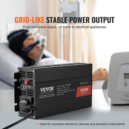 1000W Pure Sine Wave Inverter, 12V DC to 230V AC with Remote & USB Ports