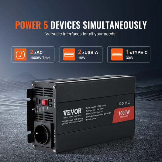 1000W Pure Sine Wave Inverter, 12V DC to 230V AC with Remote & USB Ports