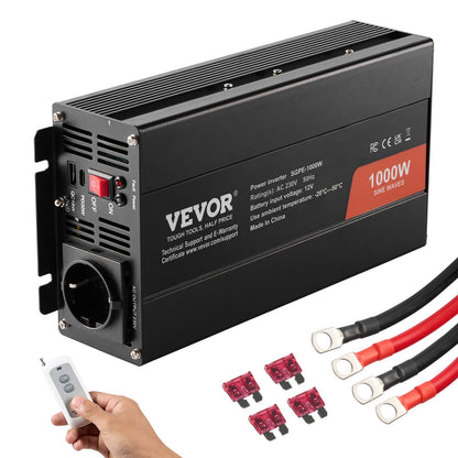 1000W Pure Sine Wave Inverter, 12V DC to 230V AC with Remote & USB Ports