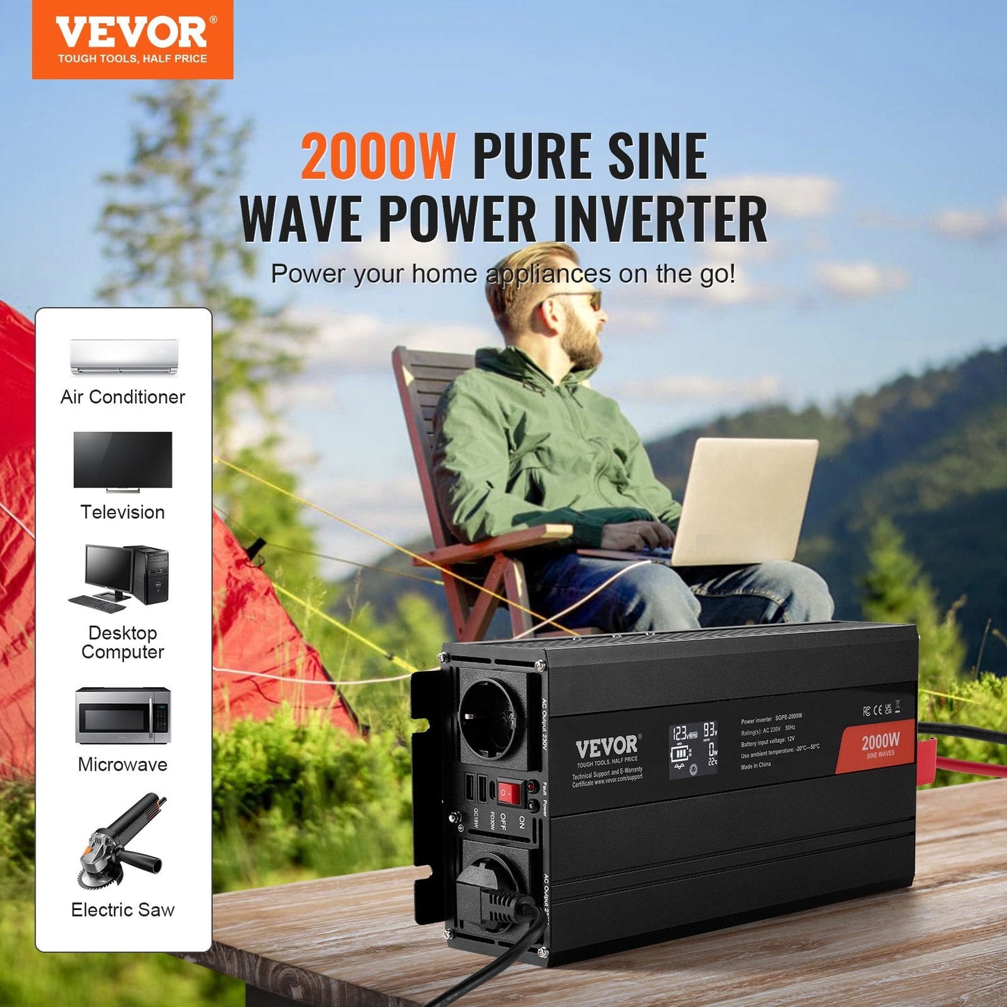 2000W Pure Sine Wave Inverter with LCD, Remote, and Multiple Ports