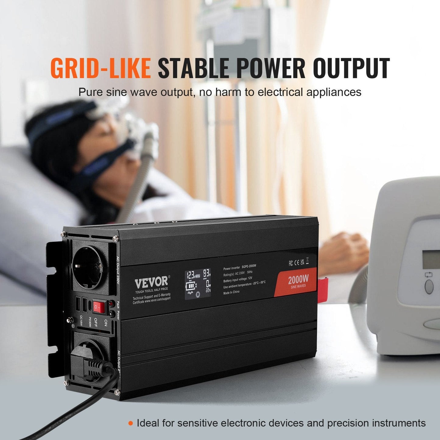 2000W Pure Sine Wave Inverter with LCD, Remote, and Multiple Ports