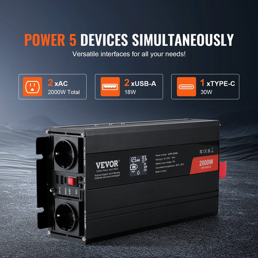 2000W Pure Sine Wave Inverter with LCD, Remote, and Multiple Ports