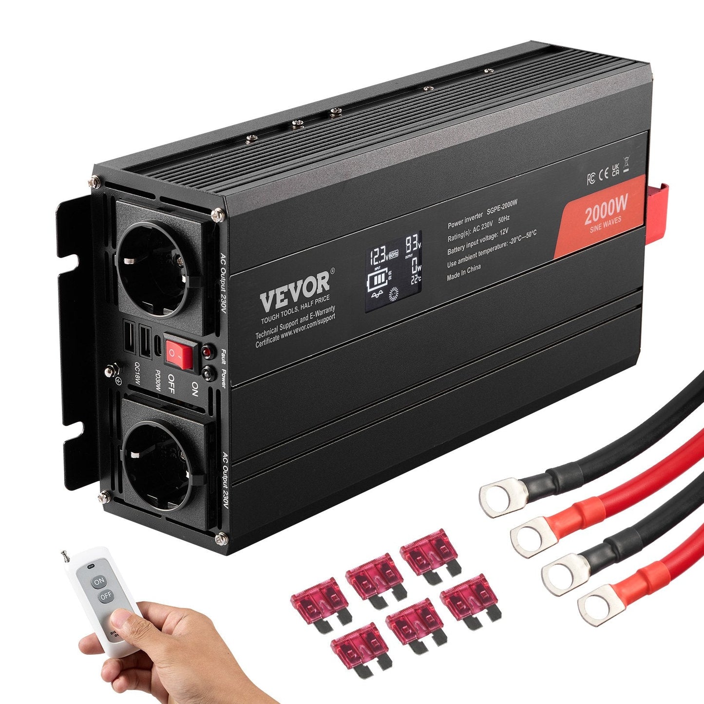 2000W Pure Sine Wave Inverter with LCD, Remote, and Multiple Ports