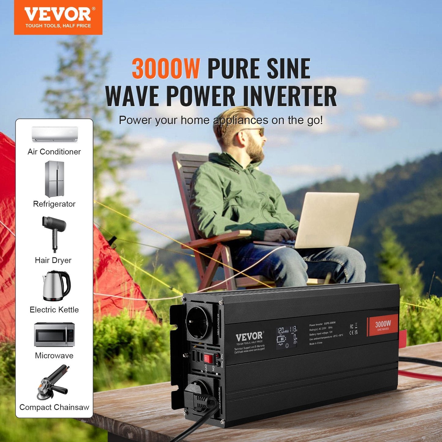 3000W Pure Sine Wave Inverter with Remote, LCD, USB & Type-C Ports