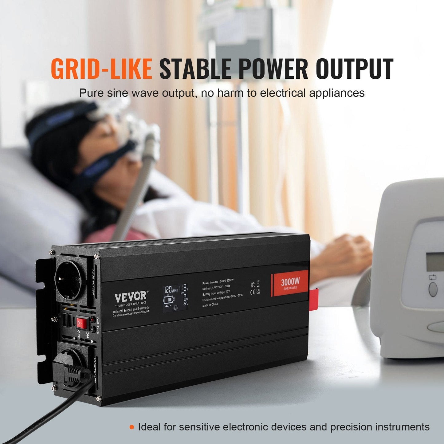 3000W Pure Sine Wave Inverter with Remote, LCD, USB & Type-C Ports