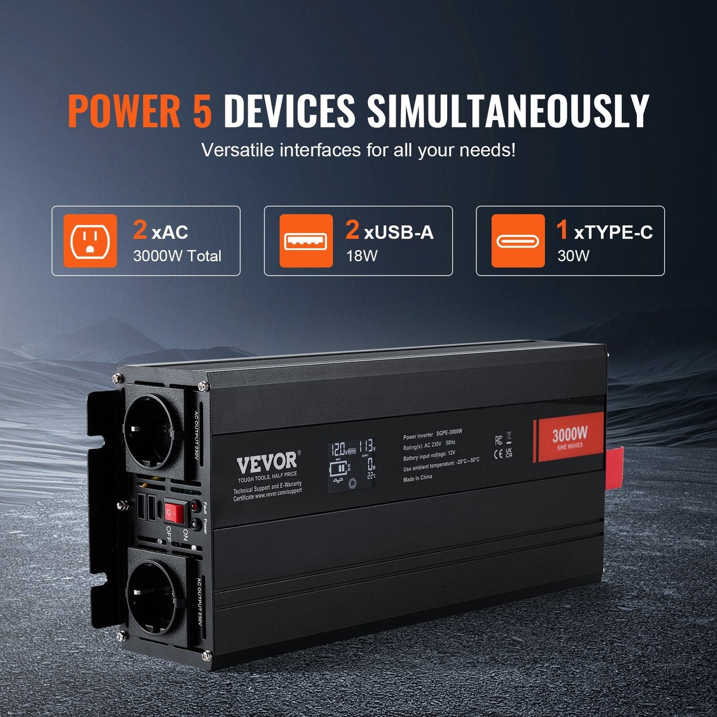 3000W Pure Sine Wave Inverter with Remote, LCD, USB & Type-C Ports