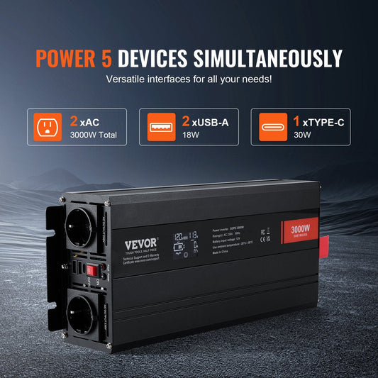 3000W Pure Sine Wave Inverter with Remote, LCD, USB & Type-C Ports