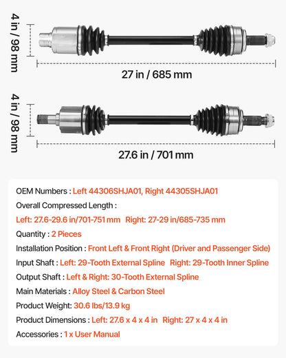 CV Axle Shaft Assembly, 2 Pieces Front Left & Right (Driver and Passenger Side), Automotive Replacement CV Joint Axles Pair Compatible with 2005-2006 Honda Odyssey, Alloy Steel & Carbon Steel