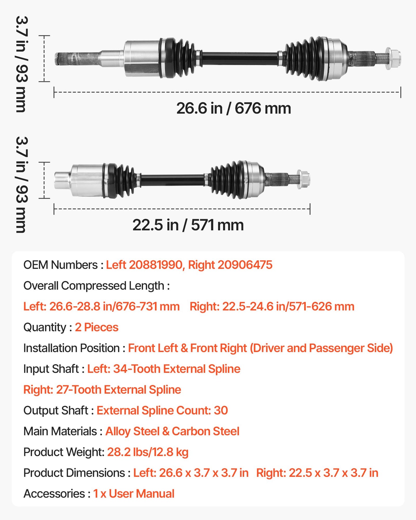 CV Axle Shaft Assembly, 2 Pieces Front Left & Right (Driver and Passenger Side), Automotive Replacement Joint Axles Pair Compatible with 2010-2017 Chevrolet Equinox, Alloy Steel & Carbon Steel