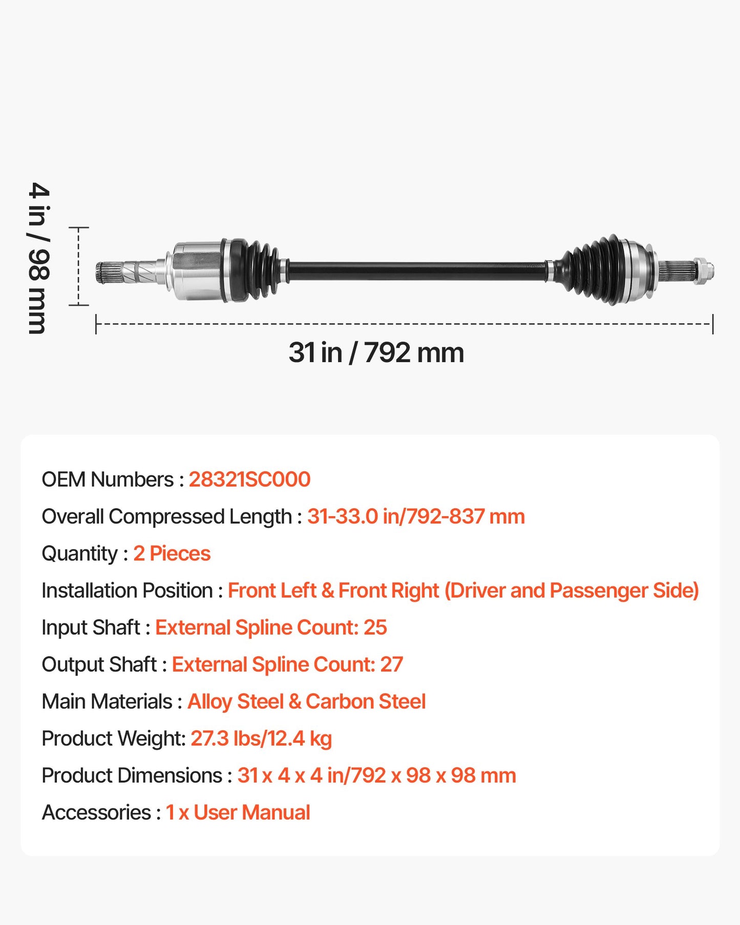CV Axle Shaft Assembly, 2 Pieces Front Left & Right (Driver and Passenger Side), Automotive Replacement CV Joint Axles Pair Compatible with 2009-2013 Forester, Alloy Steel & Carbon Steel