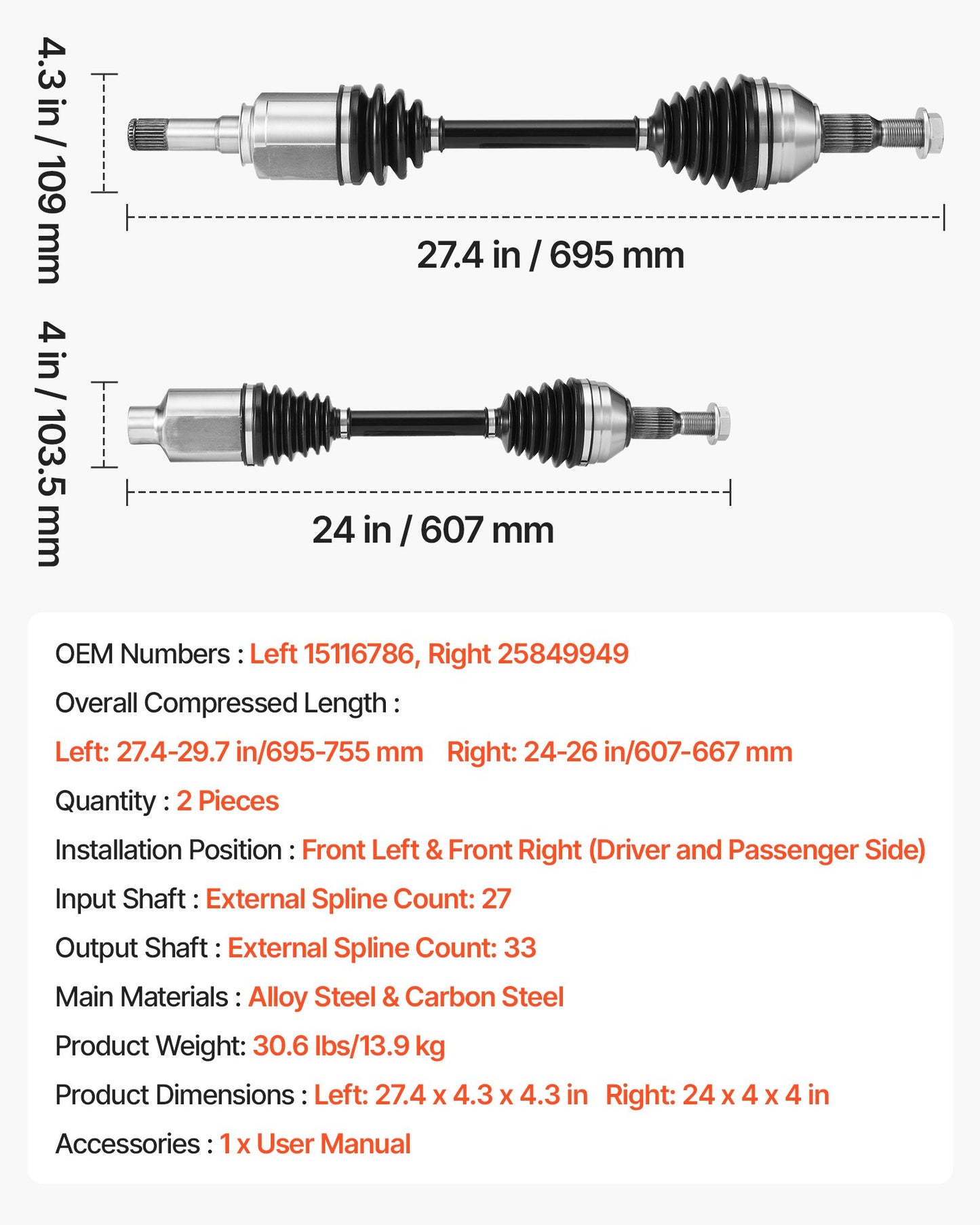 CV Axle Shaft Assembly, 2 Pieces Front Left & Right (Driver and Passenger Side), Automotive Replacement Joint Axles Pair Compatible with 2009-2017 Chevrolet Traverse, Alloy Steel & Carbon Steel