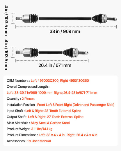 CV Axle Shaft Assembly, 2 Pieces Front Left & Right (Driver and Passenger Side), Automotive Replacement CV Joint Axles Pair Compatible with 2011-2014 Hyundai Sonata, Alloy Steel & Carbon Steel
