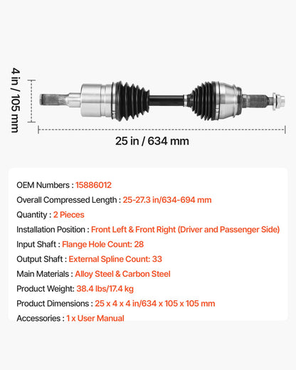 CV Axle Shaft Assembly, 2 Pieces Front Left & Right Side (Driver and Passenger Side), Automotive Replacement CV Joint Axles Pair Compatible with 2006-2010 Hummer H3, Alloy Steel & Carbon Steel