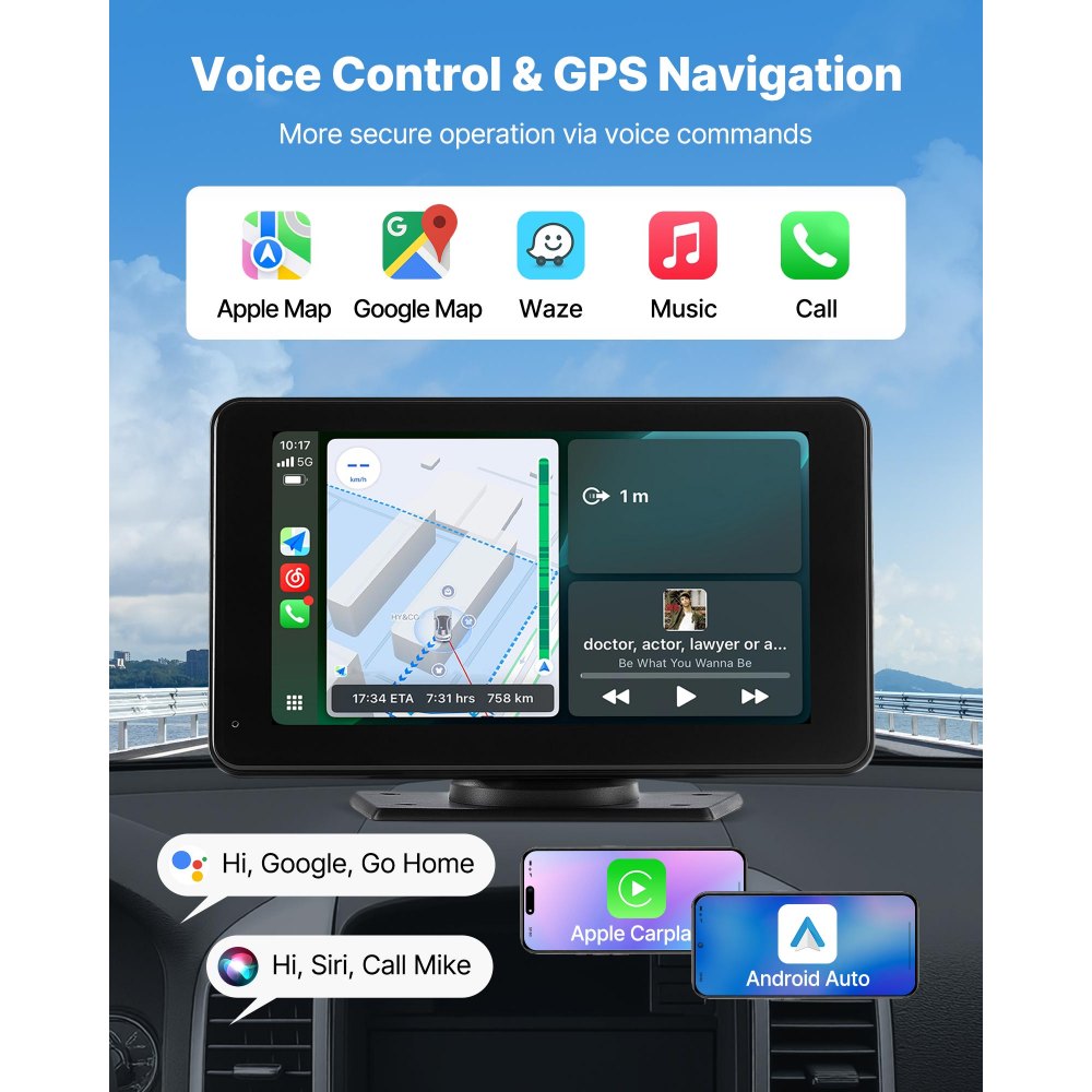VEVOR Car Stereo Radio CarPlay Touchscreen 177.8 mm Apple Android Backup Camera