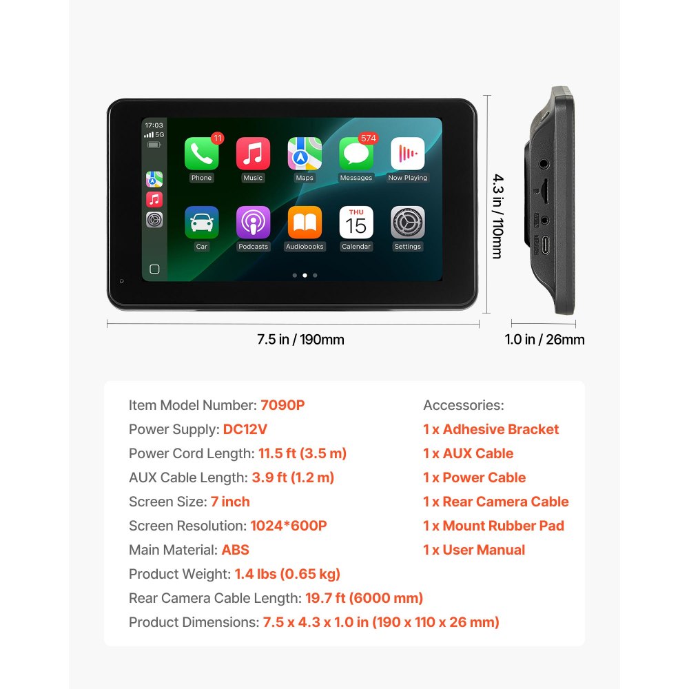 VEVOR Car Stereo Radio CarPlay Touchscreen 177.8 mm Apple Android Backup Camera