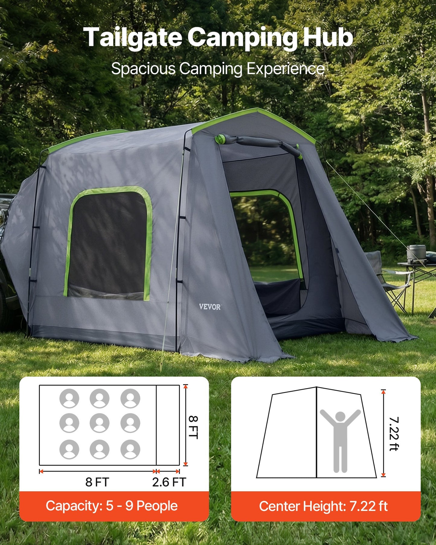 Large SUV Tent for 5–9 Person, 3.23 x 2.44m All-Season SUV Tailgate Tent with Ventilated Door & Mesh Windows, PU3000mm Waterproof Dual-Use Car Rear Hatch Tents for Outdoor Camping Hiking