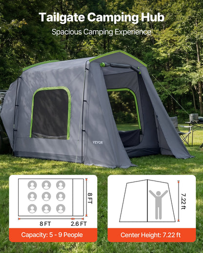 Large SUV Tent for 5–9 Person, 3.23 x 2.44m All-Season SUV Tailgate Tent with Ventilated Door & Mesh Windows, PU3000mm Waterproof Dual-Use Car Rear Hatch Tents for Outdoor Camping Hiking