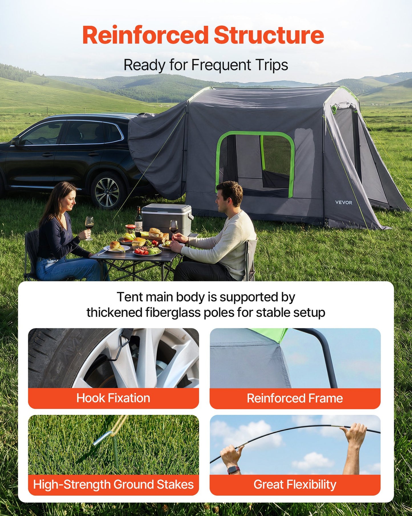 Large SUV Tent for 5–9 Person, 3.23 x 2.44m All-Season SUV Tailgate Tent with Ventilated Door & Mesh Windows, PU3000mm Waterproof Dual-Use Car Rear Hatch Tents for Outdoor Camping Hiking