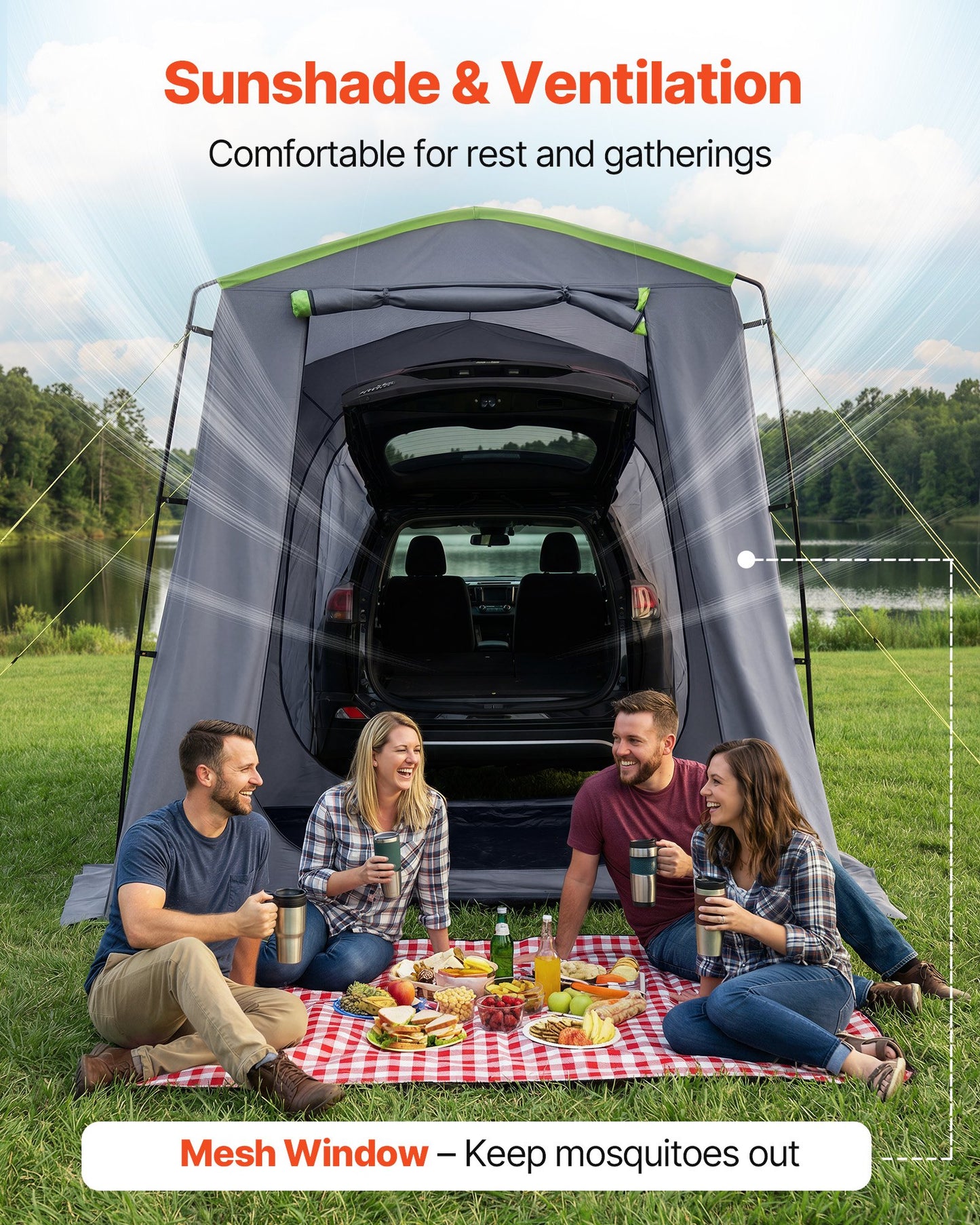 Large SUV Tent for 5–9 Person, 3.23 x 2.44m All-Season SUV Tailgate Tent with Ventilated Door & Mesh Windows, PU3000mm Waterproof Dual-Use Car Rear Hatch Tents for Outdoor Camping Hiking
