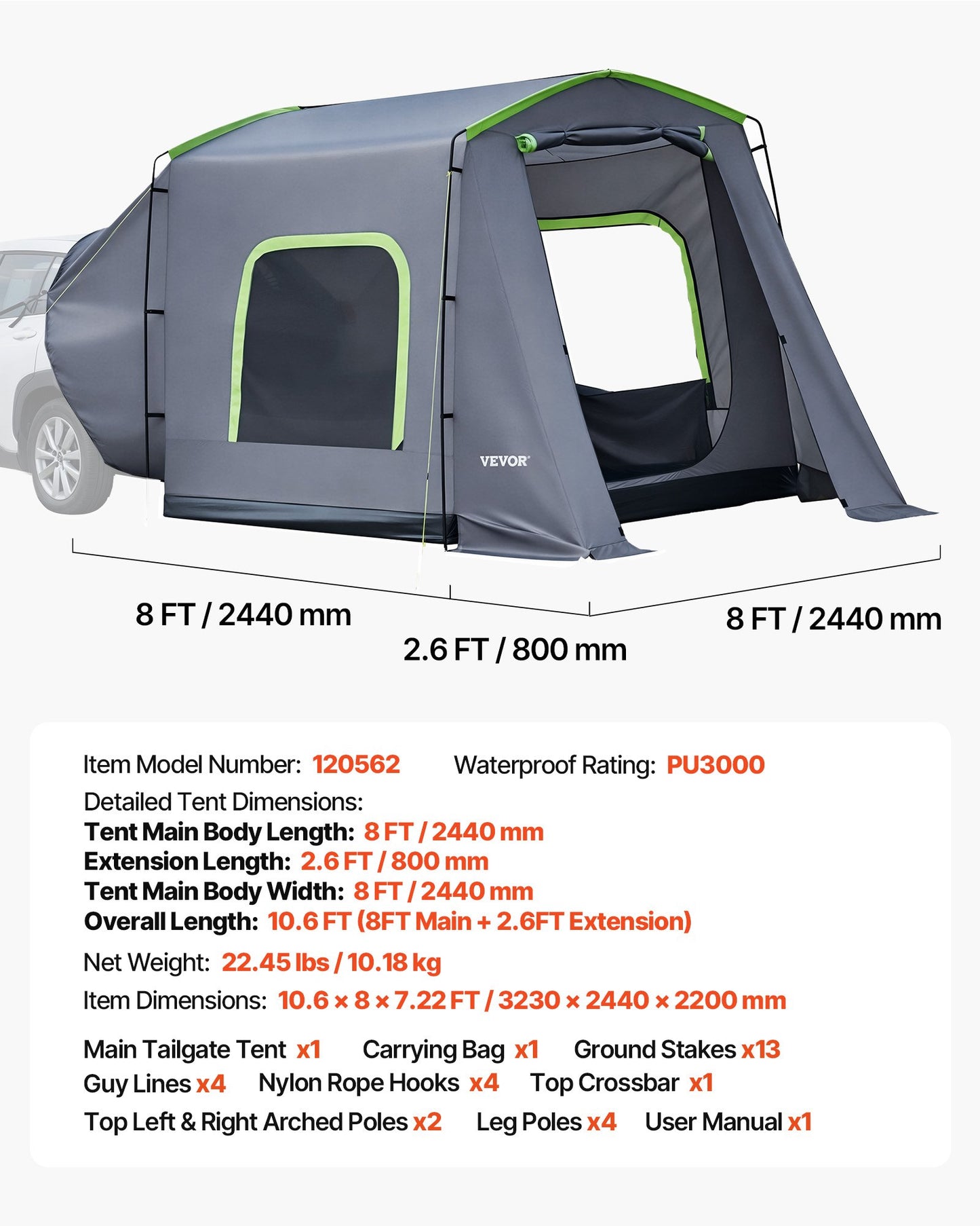 Large SUV Tent for 5–9 Person, 3.23 x 2.44m All-Season SUV Tailgate Tent with Ventilated Door & Mesh Windows, PU3000mm Waterproof Dual-Use Car Rear Hatch Tents for Outdoor Camping Hiking