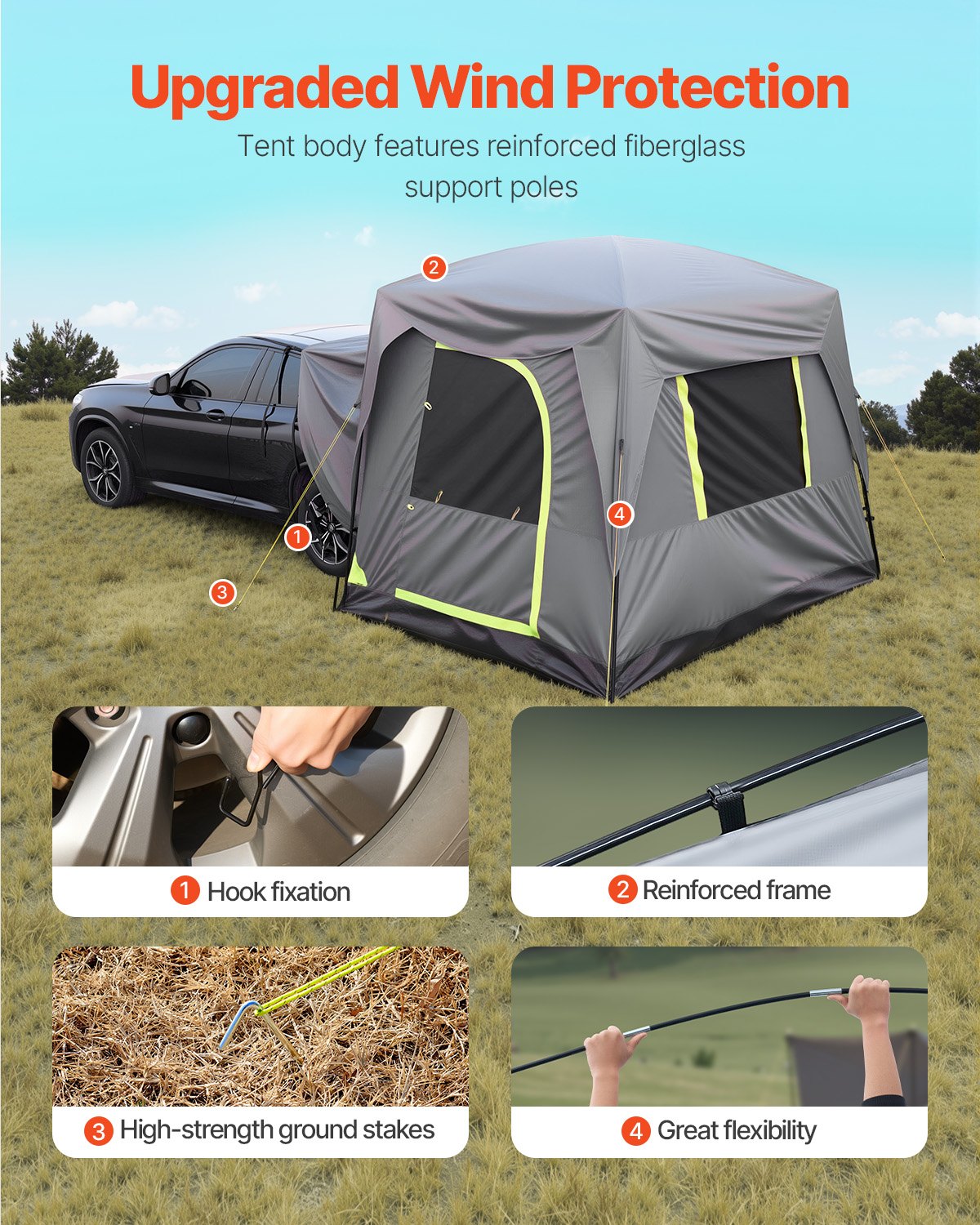 VEVOR SUV Camping Tent Outdoor SUV Tent with Rainfly Waterproof for 5-8 Person， 8.2 x 10.1 x 7.5 ft