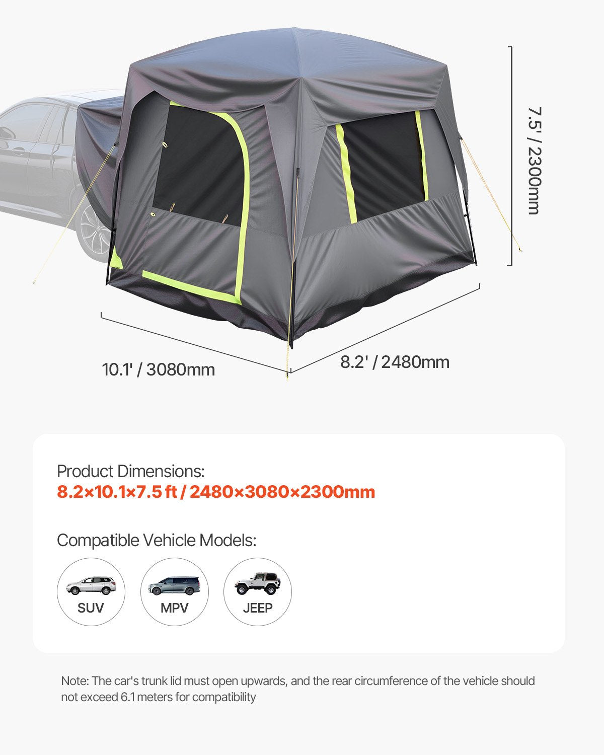 VEVOR SUV Camping Tent Outdoor SUV Tent with Rainfly Waterproof for 5-8 Person， 8.2 x 10.1 x 7.5 ft