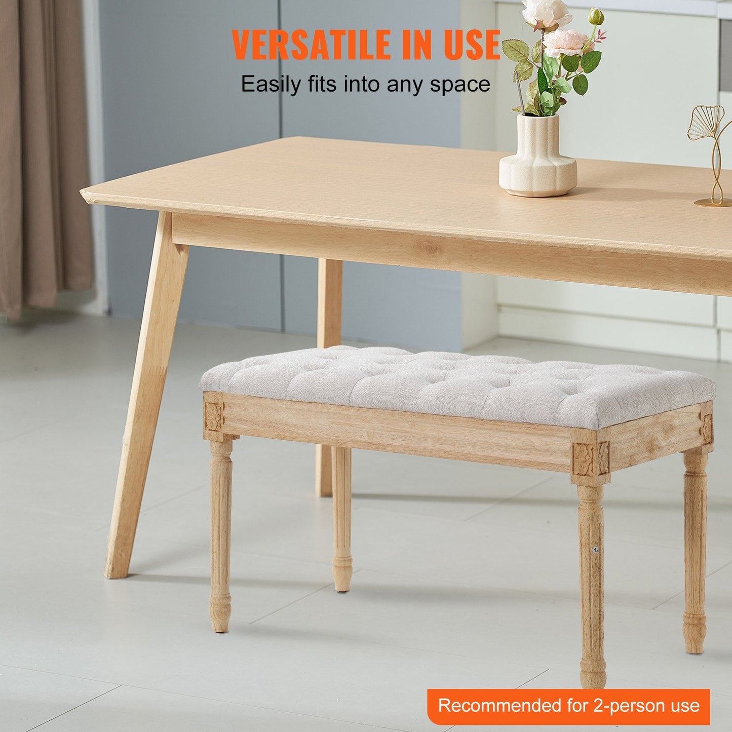 Beige Upholstered Bench with Foam Cushion, Rubberwood Legs, 100 kg Capacity